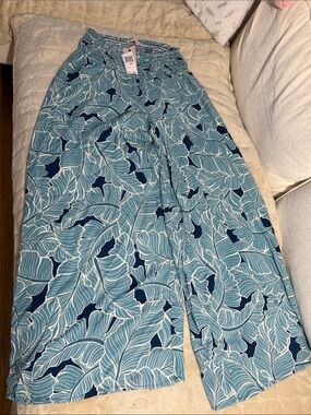 Philosophy Teal & Navy Leaf-Print Wide Leg Pants